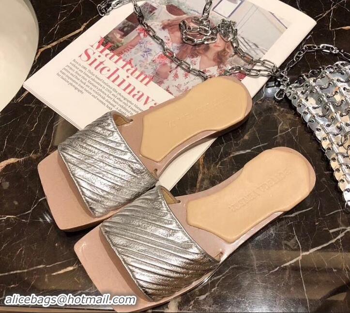 Pretty Style Bottega Veneta Square Tot Flat Slides Sandals Folded Leather 525761 Silver 2019