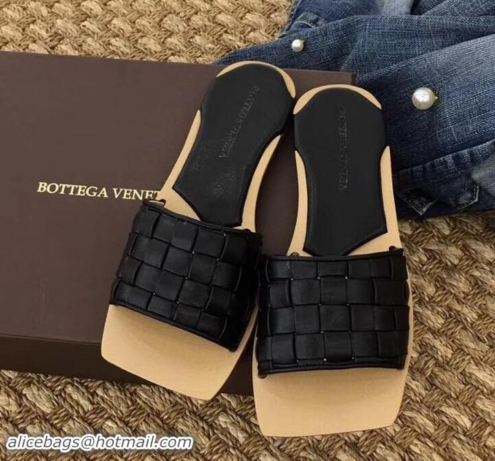 Classic Bottega Veneta Square Tot Flat Slides Sandals Smooth Layered Cuoio 525762 Black 201