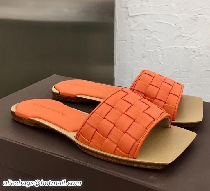 Popular Style Bottega Veneta Square Tot Flat Slides Sandals Smooth Layered Cuoio 525762 Orange 2019