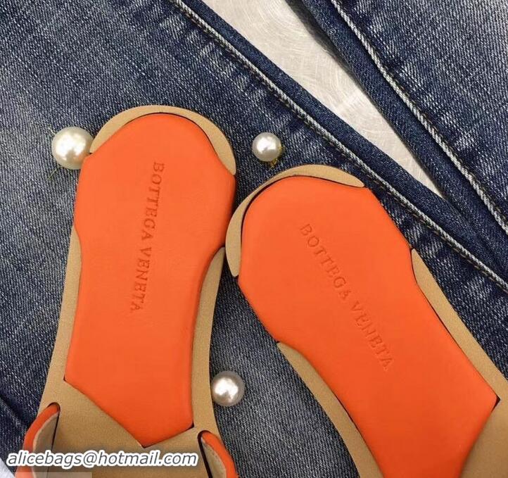 Popular Style Bottega Veneta Square Tot Flat Slides Sandals Smooth Layered Cuoio 525762 Orange 2019