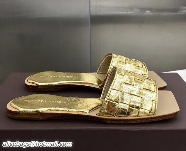 Top Grade Bottega Veneta Square Tot Flat Slides Sandals Smooth Layered Cuoio 525762 Gold 2019