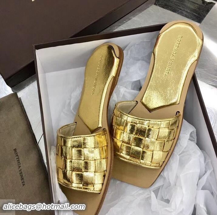 Top Grade Bottega Veneta Square Tot Flat Slides Sandals Smooth Layered Cuoio 525762 Gold 2019