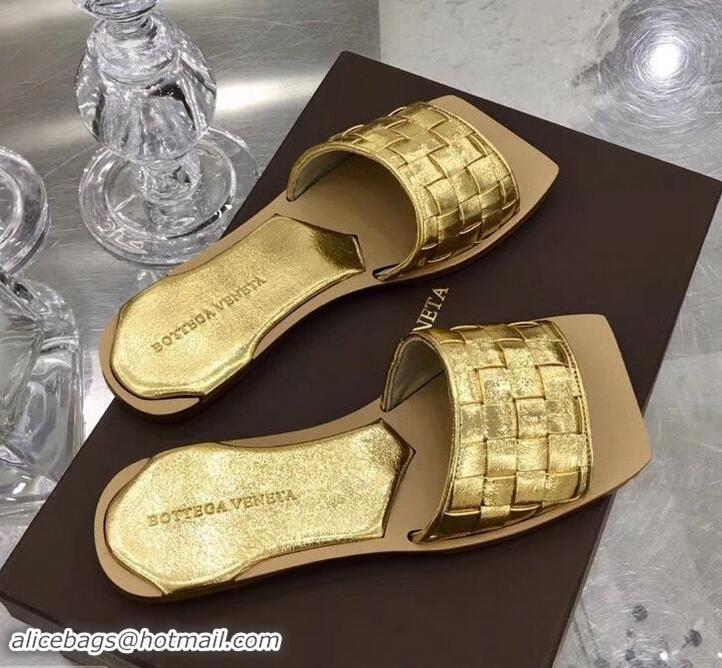 Top Grade Bottega Veneta Square Tot Flat Slides Sandals Smooth Layered Cuoio 525762 Gold 2019