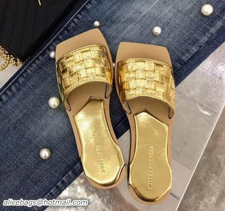 Top Grade Bottega Veneta Square Tot Flat Slides Sandals Smooth Layered Cuoio 525762 Gold 2019