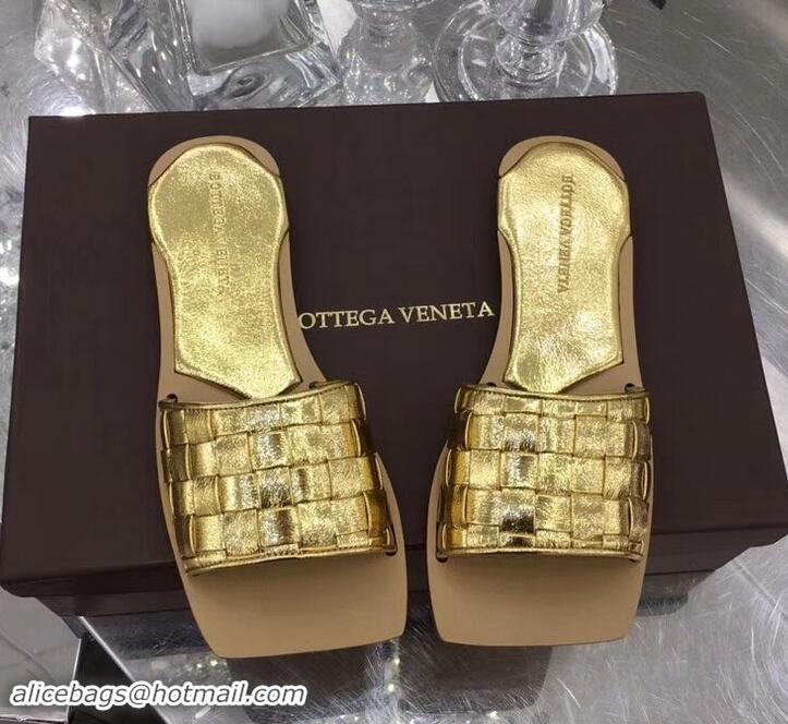 Top Grade Bottega Veneta Square Tot Flat Slides Sandals Smooth Layered Cuoio 525762 Gold 2019