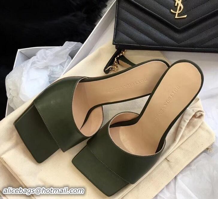 Elegant Bottega Veneta Heel 9cm Square Sole Stretch Mules 525766 Army Green 2019