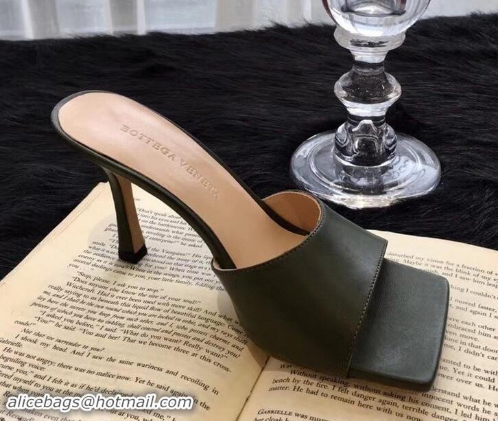 Elegant Bottega Veneta Heel 9cm Square Sole Stretch Mules 525766 Army Green 2019