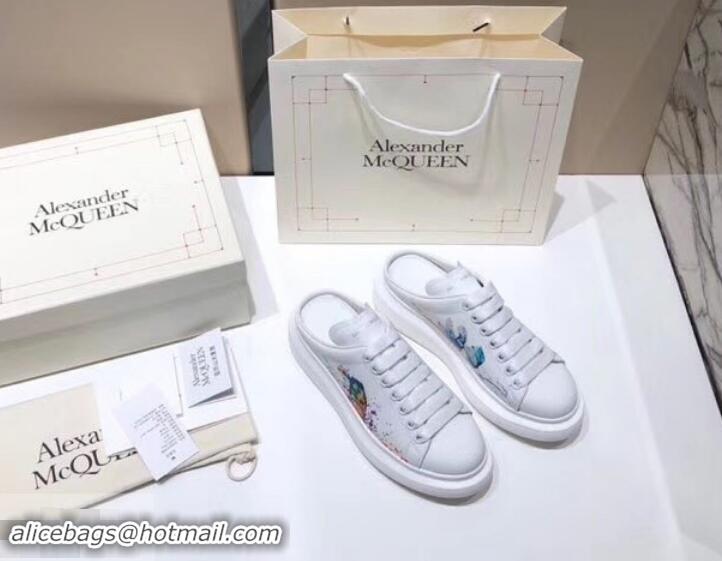 Good Product Alexander McQueen Oversized Open-back Sneakers A716012 Bird and Butterfly Print White 2019