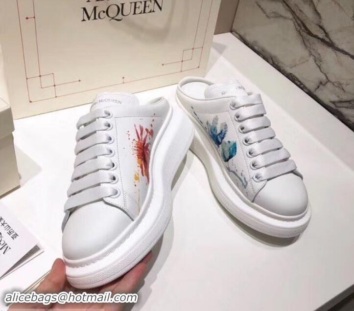 Good Product Alexander McQueen Oversized Open-back Sneakers A716012 Bird and Butterfly Print White 2019