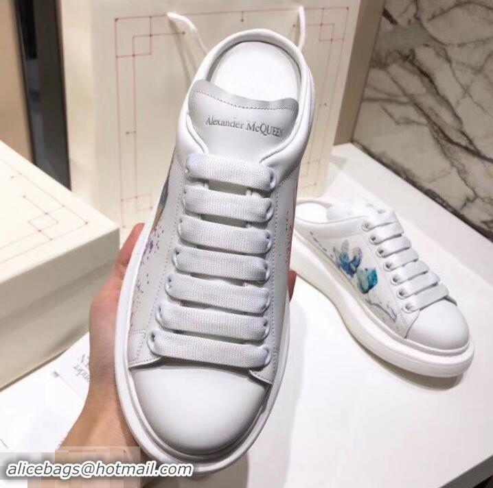 Good Product Alexander McQueen Oversized Open-back Sneakers A716012 Bird and Butterfly Print White 2019