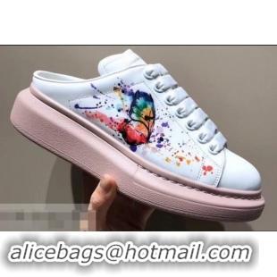 Durable Alexander McQueen Oversized Open-back Sneakers A716012 Bird and Butterfly Print White/Pink 2019