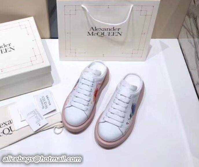 Durable Alexander McQueen Oversized Open-back Sneakers A716012 Bird and Butterfly Print White/Pink 2019