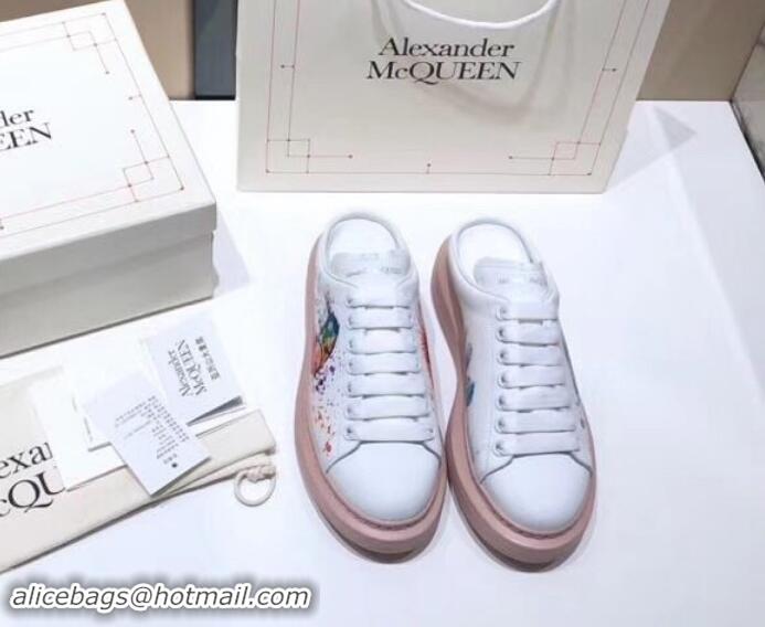 Durable Alexander McQueen Oversized Open-back Sneakers A716012 Bird and Butterfly Print White/Pink 2019