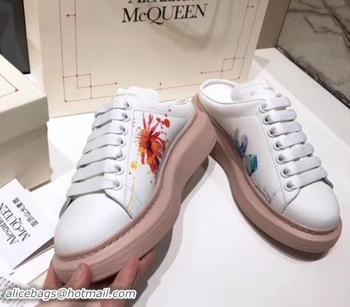 Durable Alexander McQueen Oversized Open-back Sneakers A716012 Bird and Butterfly Print White/Pink 2019