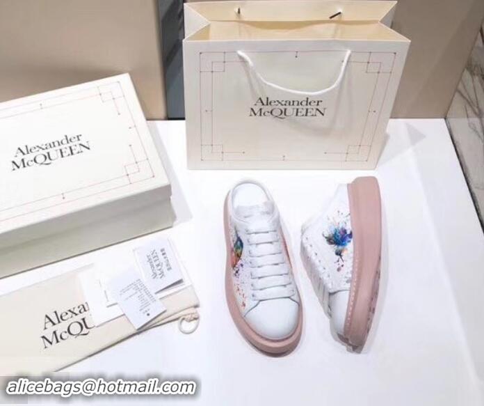 Durable Alexander McQueen Oversized Open-back Sneakers A716012 Bird and Butterfly Print White/Pink 2019