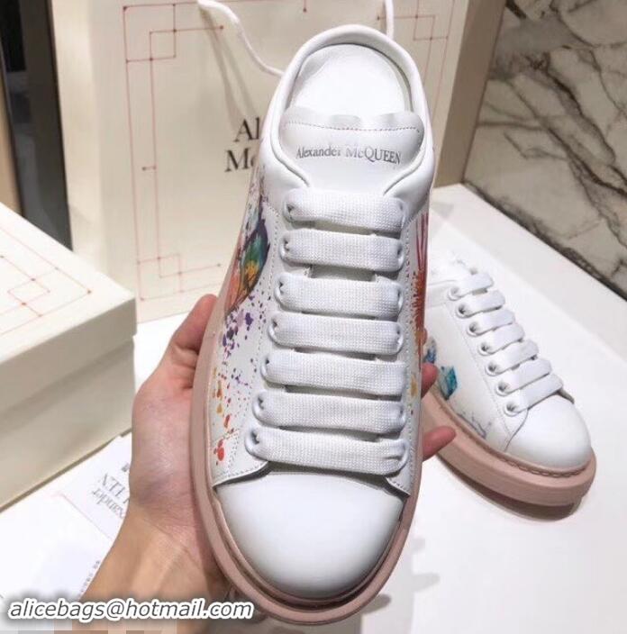 Durable Alexander McQueen Oversized Open-back Sneakers A716012 Bird and Butterfly Print White/Pink 2019