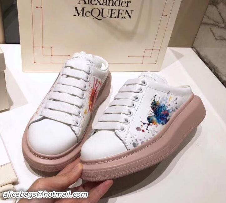 Durable Alexander McQueen Oversized Open-back Sneakers A716012 Bird and Butterfly Print White/Pink 2019