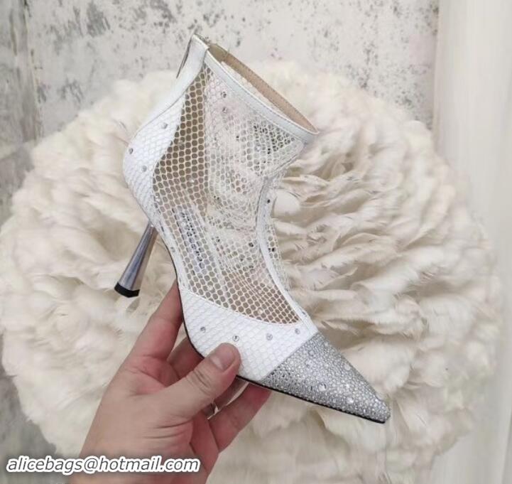 Grade jimmy choo 8cm heel Mesh Ankle Boots white with sequins A716020