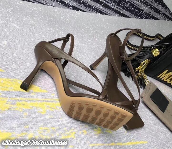 Expensive Bottega Veneta Heel 9cm Square Sole Stretch Ankle-strap Sandals 716028 Coffee