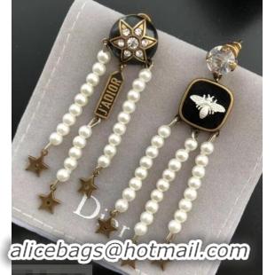 Grade Quality Dior Star Bee Asymmetric Tassel Earrings White/Gold/Black J71706