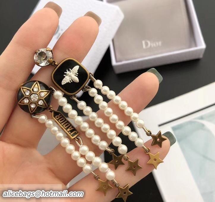 Grade Quality Dior Star Bee Asymmetric Tassel Earrings White/Gold/Black J71706