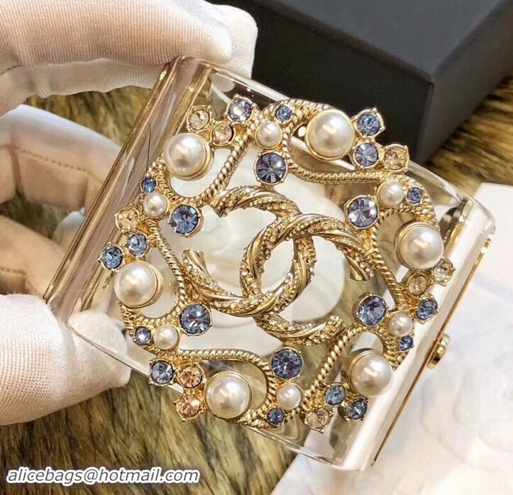 Unique Chanel Metal Glass Pearls Strass & Resin Cuff Bracelet AB0573 2019