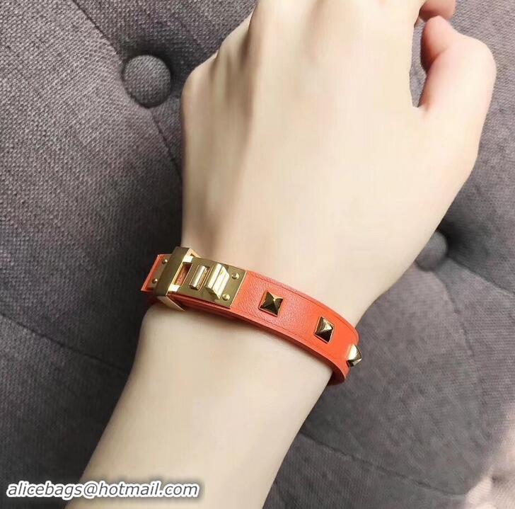 Luxury Cheap Hermes Studs Leather Bracelet with Gold Buckle 721125 Orange