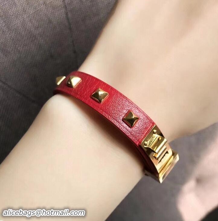 Discount Hermes Studs Leather Bracelet with Gold Buckle 721125 Red