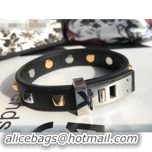 Discount Hermes Studs Leather Bracelet with Silver Buckle 721125 Black