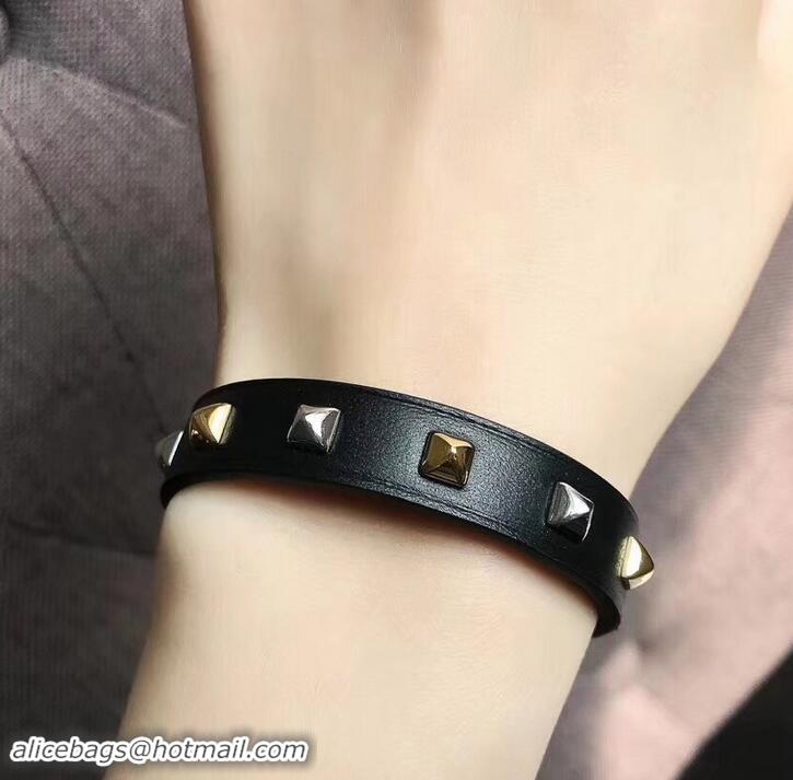 Discount Hermes Studs Leather Bracelet with Silver Buckle 721125 Black