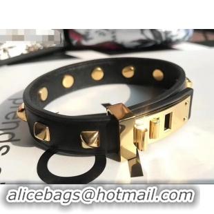 Well Crafted Hermes Studs Leather Bracelet with Gold Buckle 721125 Black