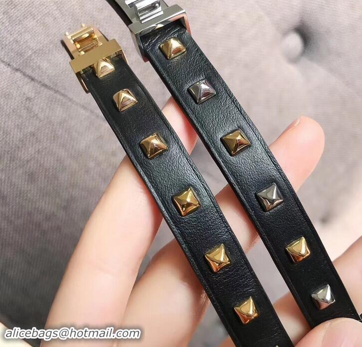 Well Crafted Hermes Studs Leather Bracelet with Gold Buckle 721125 Black