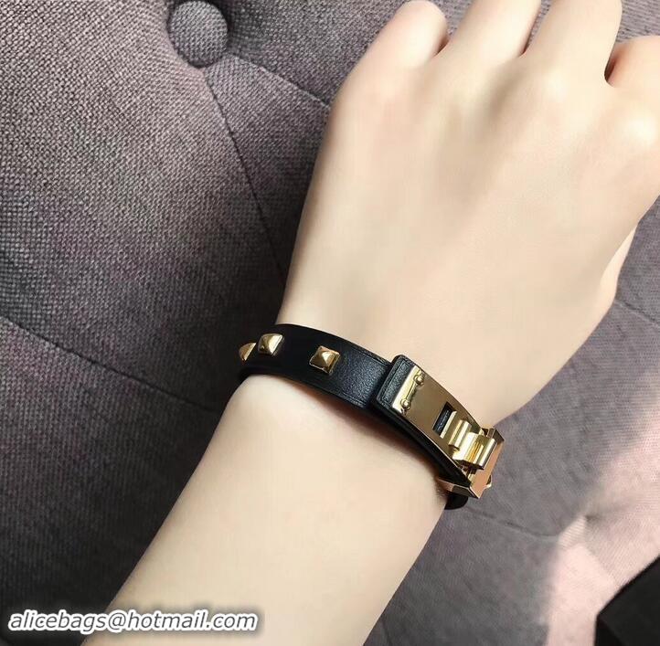 Well Crafted Hermes Studs Leather Bracelet with Gold Buckle 721125 Black