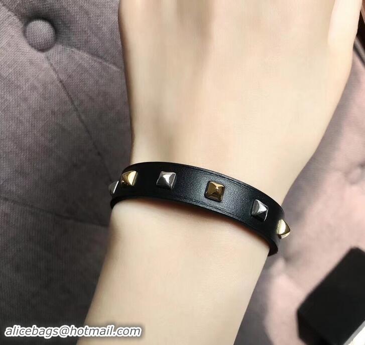 Well Crafted Hermes Studs Leather Bracelet with Gold Buckle 721125 Black