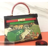 Stylish Hermes Kelly 32 Bag in Print Leather 630120 Black/Red/Suede Green