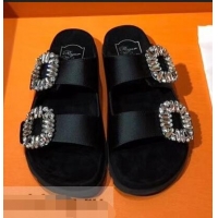 Low Cost Roger Vivier Slidy Viv' Strass Buckle Sandals R8423 Silk Satin Black 2018