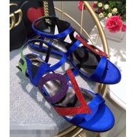 Super Quality Roger Vivier Crystal Silk Flat Sandals R8521 Blue 2018