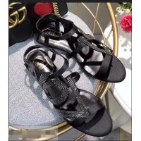 Most Popular Roger Vivier Crystal Silk Flat Sandals R8521 Black/Silver 2018