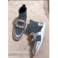 Well Crafted Roger Vivier Sporty Viv' Flower Strass Rivets Buckle High-Top Sneakers R8401 Glitter Silver Gray 2018