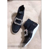 Faux Roger Vivier Sporty Viv' Flower Strass Rivets Buckle High-Top Sneakers R8401 Black 2018