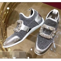 Noble Roger Vivier Sporty Viv' Flower Strass Rivets Buckle Sneakers R8403 Glitter Silver Gray 2018