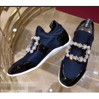 Top Design Roger Vivier Sporty Viv' Flower Strass Rivets Buckle Sneakers R8403 Blue 2018