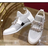 Chic Design Roger Vivier Sporty Viv' Flower Strass Rivets Buckle Sneakers R8403 Glitter Silver 2018