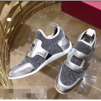 Discount Roger Vivier Sporty Viv' Leather Buckle Sneakers R8407 Glitter Silver Gray 2018