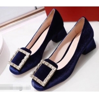 Luxurious Roger Vivier Velvet Heel 4.5cm Très Vivier Strass Buckle Pumps R8601 Blue 2018