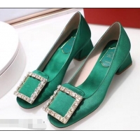 Low Cost Roger Vivier Velvet Heel 4.5cm Très Vivier Strass Buckle Pumps R8601 Green 2018