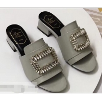 Buy Imitation Roger Vivier Heel 3.5cm Rabat Strass Buckle Mules Patent Leather R9528 Gray