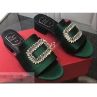 Cheapest Roger Vivier Heel 3.5cm Rabat Strass Buckle Mules R9532 Satin Green