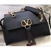 Charming Valentino Medium VRING Grainy Calfskin Chain Shoulder Bag 181695 Black 2019