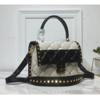 Popular Style Valentino Candystud Medium Top Handle Bag 0055 Canvas White/Leather Black 2019